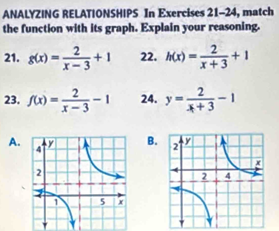 ANALYZING RELATIONSHIPS In Exercises 21-24 , match 
the function with its graph. Explain your reasoning. 
21. g(x)= 2/x-3 +1 22. h(x)= 2/x+3 +1
23. f(x)= 2/x-3 -1 24. y= 2/x+3 -1
A. 
B.