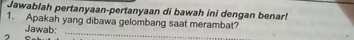 Jawablah pertanyaan-pertanyaan di bawah ini dengan benar! 
1. Apakah yang dibawa gelombang saat merambat? 
Jawab: 
2 
_