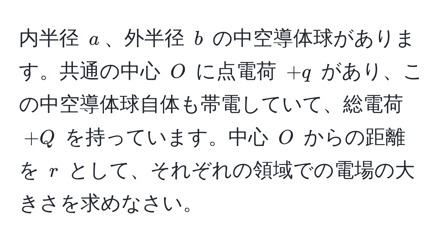 内半径 $a$、外半径 $b$ の中空導体球があります。共通の中心 $O$ に点電荷 $+q$ があり、この中空導体球自体も帯電していて、総電荷 $+Q$ を持っています。中心 $O$ からの距離を $r$ として、それぞれの領域での電場の大きさを求めなさい。