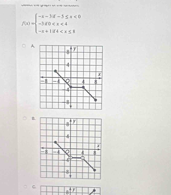 yau
f(x)=beginarrayl -x-3if-5≤ x<0 -3if0
A. 
B.
8 y
4
x
-8 -4 4 8
4
8
C.
8
y