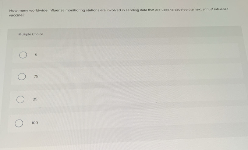 How many worldwide influenza monitioring stations are involved in sending data that are used to develop the next annual influenza
vaccine?
Multiple Choice
5
75
25
100