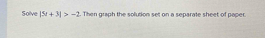 Solve |5t+3|>-2. Then graph the solution set on a separate sheet of paper.