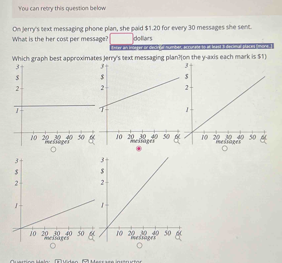 You can retry this question below 
On Jerry's text messaging phone plan, she paid $1.20 for every 30 messages she sent. 
What is the her cost per message? dollars 
Enter an integer or decin al number, accurate to at least 3 decimal places [more..] 
Which graph best approximates Jerry's text messaging plan?(on the y-axis each mark is $1) 
Question Hel : V i de o M Message instructor