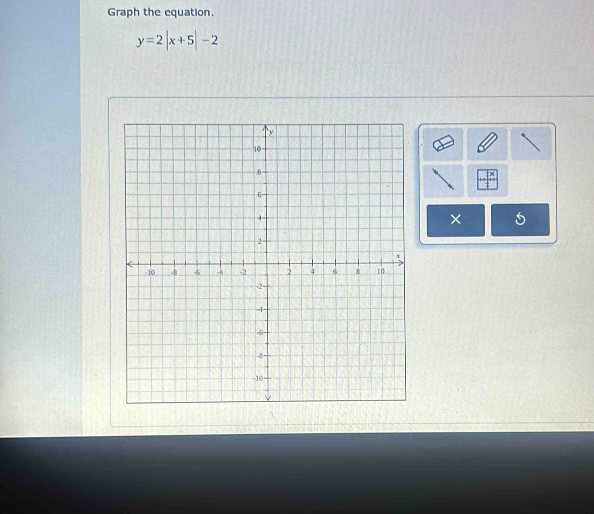 Graph the equation.
y=2|x+5|-2
× 5