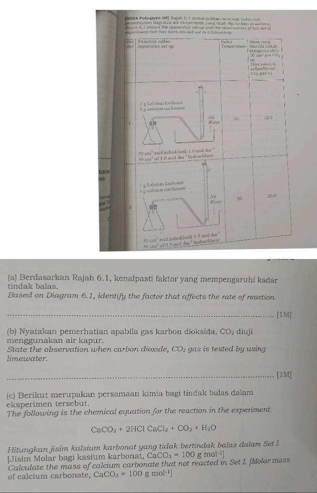 [2024 Putrajaya-08] Rajah 6.1 menunjukian sasunan zadus dan
pemerbatian bag dus set eksperien yan telah dipanku di makenc 
Sch ou t shows the apparates set up and the clmerlnks of two set of
experiment that has been carried out in a laborstory .
Set |  Suauzan rádan Suhu Masa yung
Set | Apparatus set up Temperature am o untul
mengumpillen 50 cm² g m 。
1ot
cc8cct50cn
3 g kalsaum kwbonot
3 g salctan carbonate
1 Water Art 30 12.0
tan
50 cm^3 asid hidroklork 1.0 mol vdröchlarie
50 cm^k of 1.0 mol dm^(-3)le
balai
S$
é g caleum car bonate . g kalsium karbonat
AB 30.0
   
B at 30
n
50 cm^3 asid hndroklorik 0.5 mol dm '
4() cm^3 10.5 mol dm^3 Indrochloric
(a) Berdasarkan Rajah 6.1, kenalpasti faktor yang mempengaruhi kadar
tindak balas.
Based on Diagram 6.1, identify the factor that affects the rate of reaction.
_[1M]
(b) Nyatakan pemerhatian apabila gas karbon dioksida, CO_2 diuji
menggunakan air kapur.
State the observation when carbon dioxide, CO_2 gas is tested by using
limewater.
_[1M]
(c) Berikut merupakan persamaan kimia bagi tindak balas dalam
eksperimen tersebut.
The following is the chemical equation for the reaction in the experiment.
CaCO_3+2HClCaCl_2+CO_2+H_2O
Hitungkan jisim kalsium karbonat yang tidak bertindak balas dalam Set I.
[Jisim Molar bagi kasium karbonat, Ca CO_3=100gmol^(-1)]
Calculate the mass of calcium carbonate that not reacted in Set I. [Molar mass
of calcium carbonate, CaCO_3=100gmol^(-1)]