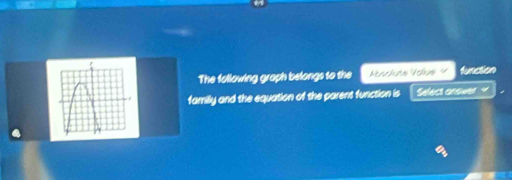 The following graph belongs to the Minchns Voue function 
famrilly and the equation of the parent function is Select answer