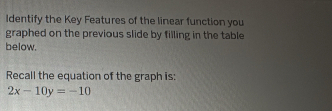 Identify the Key Features of the linear function you 
graphed on the previous slide by filling in the table 
below. 
Recall the equation of the graph is:
2x-10y=-10