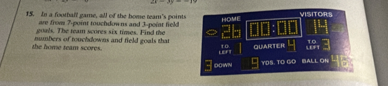 2x-3y=-19
15. In a football game, all of the home team's points VISITORS 
HOME 
are from 7 -point touchdowns and 3 -point field 
goals. The team scores six times. Find the 
numbers of touchdowns and field goals that 
T.O. 
the home team scores. LEFT 
LEFT QUARTER T.O 
DOWN YDS. TO GO BALL ON