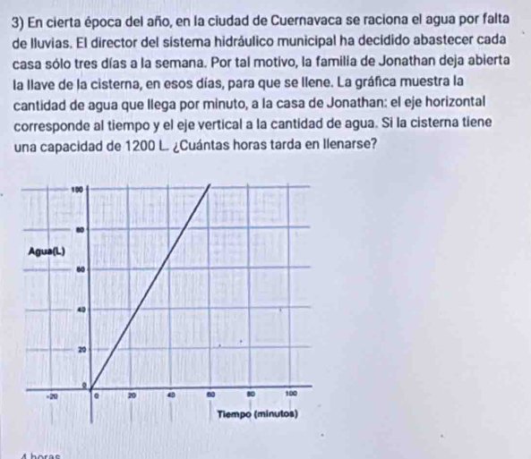 En cierta época del año, en la ciudad de Cuernavaca se raciona el agua por falta 
de lluvias. El director del sistema hidráulico municipal ha decidido abastecer cada 
casa sólo tres días a la semana. Por tal motivo, la familia de Jonathan deja abierta 
la llave de la cisterna, en esos días, para que se llene. La gráfica muestra la 
cantidad de agua que llega por minuto, a la casa de Jonathan: el eje horizontal 
corresponde al tiempo y el eje vertical a la cantidad de agua. Si la cisterna tiene 
una capacidad de 1200 L. ¿Cuántas horas tarda en Ilenarse? 
A horae