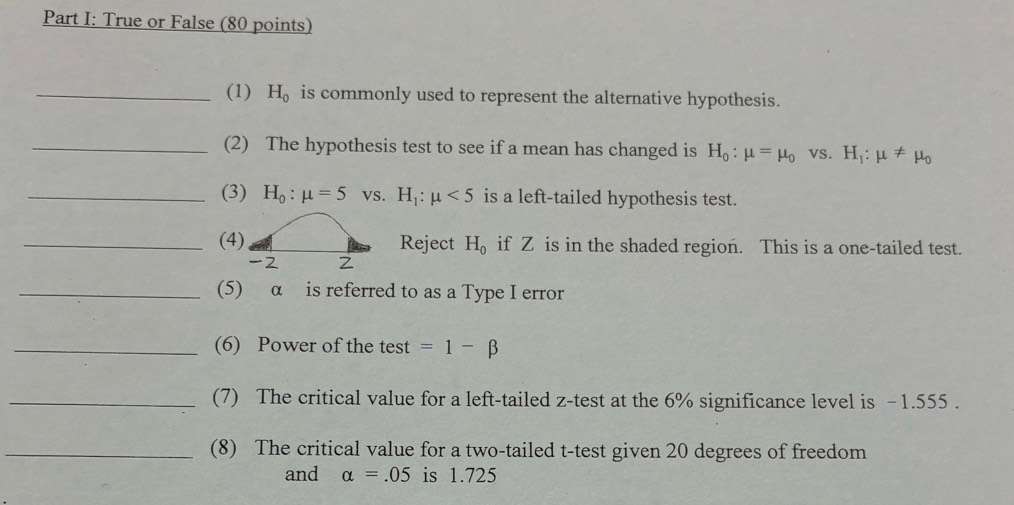 True or False (80 points) 
_(1) H_0 is commonly used to represent the alternative hypothesis. 
_(2) The hypothesis test to see if a mean has changed is H_0:mu =mu _0 vS. H_1:mu != mu _0
_(3) H_0:mu =5 vS. H_1:mu <5</tex> is a left-tailed hypothesis test. 
_(4) Reject H_0 if Z is in the shaded region. This is a one-tailed test.
-2 Z
_(5) α is referred to as a Type I error 
_(6) Power of the test =1-beta
_(7) The critical value for a left-tailed z -test at the 6% significance level is -1.555. 
_(8) The critical value for a two-tailed t -test given 20 degrees of freedom 
and alpha =.05 is 1.725