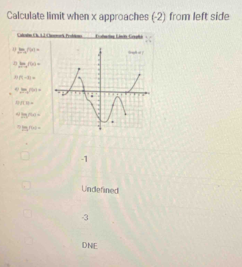 Calculate limit when x approaches (-2) from left side
Calculm Ch. 1.2 Classwork Problems Exalmating Limits Graphi
1 limlimits _xto -5f(x)=
2) limlimits _xto -4f(x)=
3) f(-3)=
4 limlimits _xto -3f(x)=
5) f(3)=
6) limlimits _xto 3f(x)=
7 limlimits _xto 0f(x)=
-1
Undefined
-3
DNE