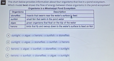 The chart below provides information about four organisms that live in a pond ecosystem.
Which model best shows the flow of energy between these organisms in the pond ecosystem?
Organisms in a Mississippi Pond Ecosystem
▲ sunlight → algae → herons → sunfish → stoneflies
# sunlight → algae → stoneflies → sunfish → herons
c herons → algae → sunfish → stoneflies → sunlight
D) herons → sunfish → stoneflies → algae → sunlight