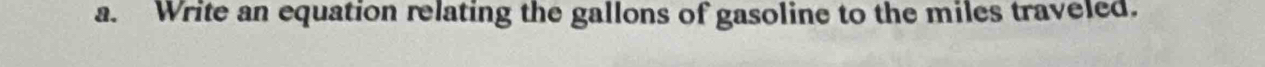 Write an equation relating the gallons of gasoline to the miles traveled.