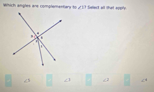 Which angles are complementary to ∠ 1 ? Select all that apply.
∠ 5
∠ 3
∠ 2 □  ∠ 4