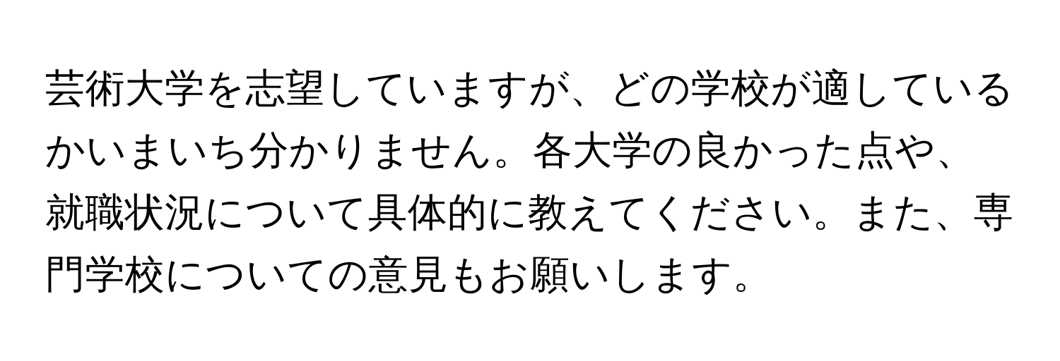 芸術大学を志望していますが、どの学校が適しているかいまいち分かりません。各大学の良かった点や、就職状況について具体的に教えてください。また、専門学校についての意見もお願いします。