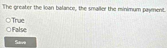 The greater the loan balance, the smaller the minimum payment.
True
False
Save