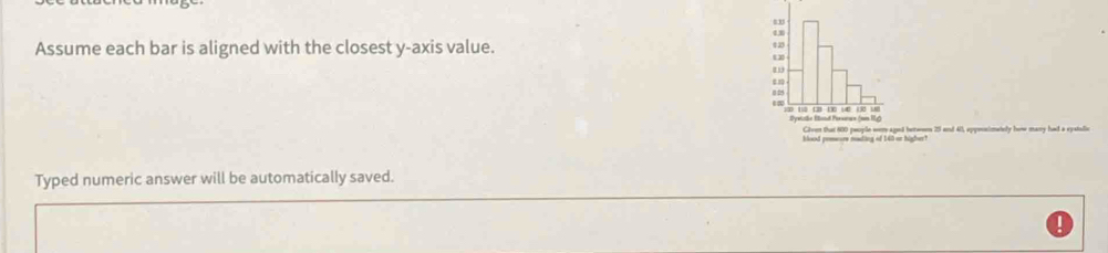 Assume each bar is aligned with the closest y-axis value. 
d hetwem 25 and 40, appmsimetly how many had a eystalle 
blood pemeare meading of 140 or higher 
Typed numeric answer will be automatically saved.