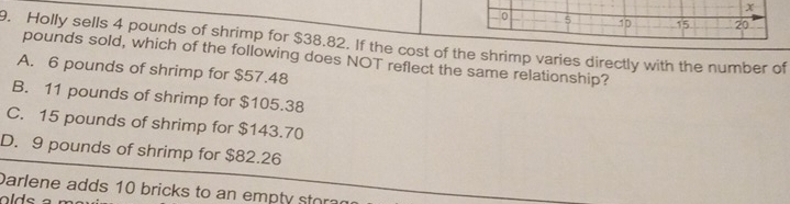 Holly sells 4 pounds of shrimp for $38.82. If the cost of the shrimp varies directly with the number of
pounds sold, which of the following does NOT reflect the same relationship?
A. 6 pounds of shrimp for $57.48
B. 11 pounds of shrimp for $105.38
C. 15 pounds of shrimp for $143.70
D. 9 pounds of shrimp for $82.26
Darlene adds 10 bricks to an empty stor