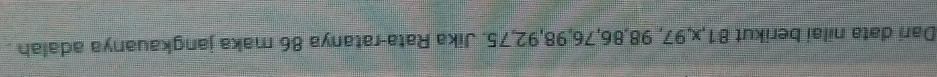 Dari data nilai berikut 81, x, 97, 98, 86, 76, 98, 92, 75. Jika Rata-ratanya 86 maka jangkauanya adalah .