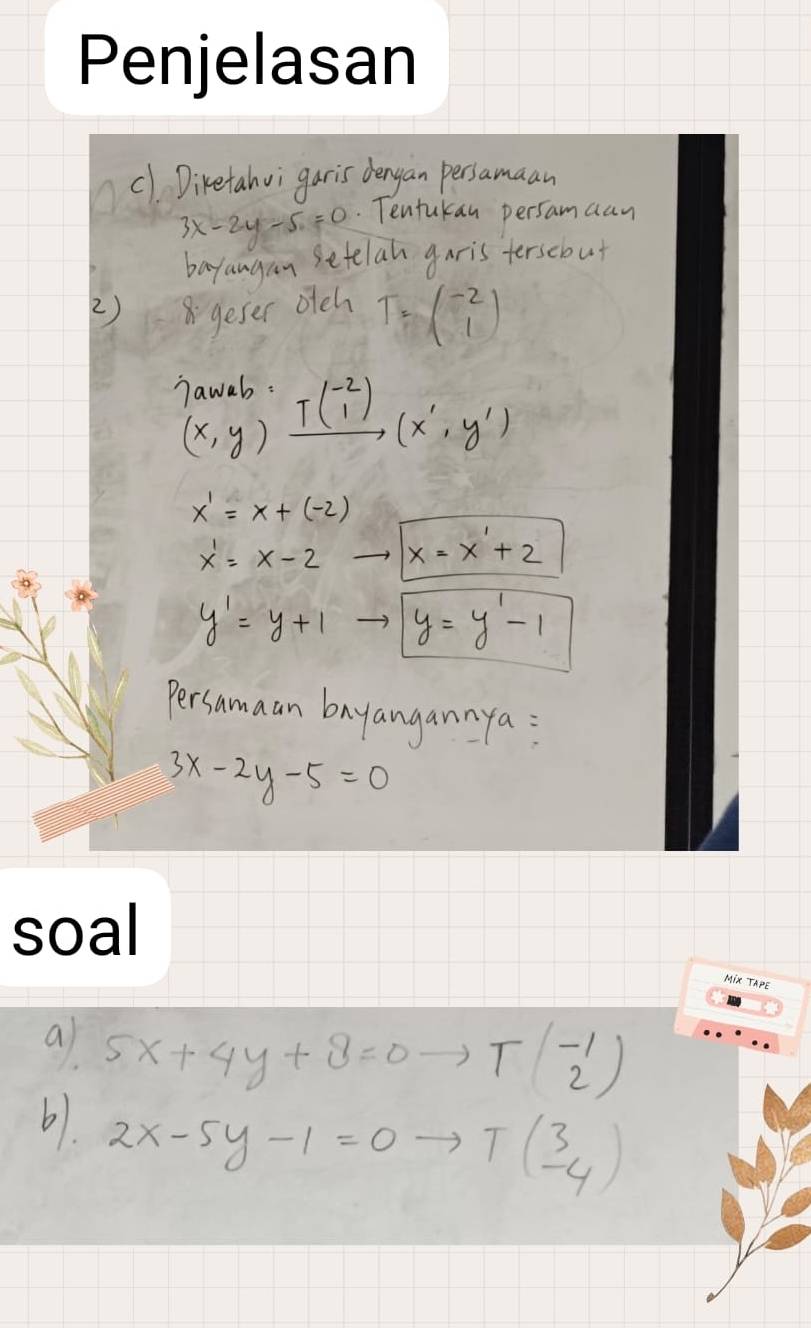 c1 Diretahvi garis denyan persamaan
3x-2y-5=0. Tentukan persam aan 
bayangan setelan garis tersebut 
2) geser otch T=beginpmatrix -2 1endpmatrix
nawab. _ T(^-2_1)(x',y')
(x,y)
x^1=x+(-2)
x^1=x-2 x=x+2
y'=y+1 y=y'-1
Persamaan bayangannya :
3x-2y-5=0
a 5x+4y+8=0to T(-1)
b. 2x-5y-1=0to Tbeginpmatrix 3 -4endpmatrix