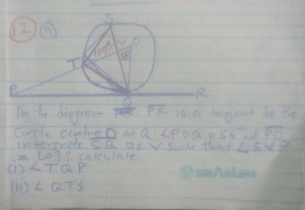 (2①
hog°C w.0
I 
sh 
R
Q
In te diggraw overline PR is a haggeat to the 
circle cevtreo at Q. ∠ POQ=56° overline PO
intersedts overline CQ as y Such that ∠ SVP
=109 ? calculate
)
)∠ QTS