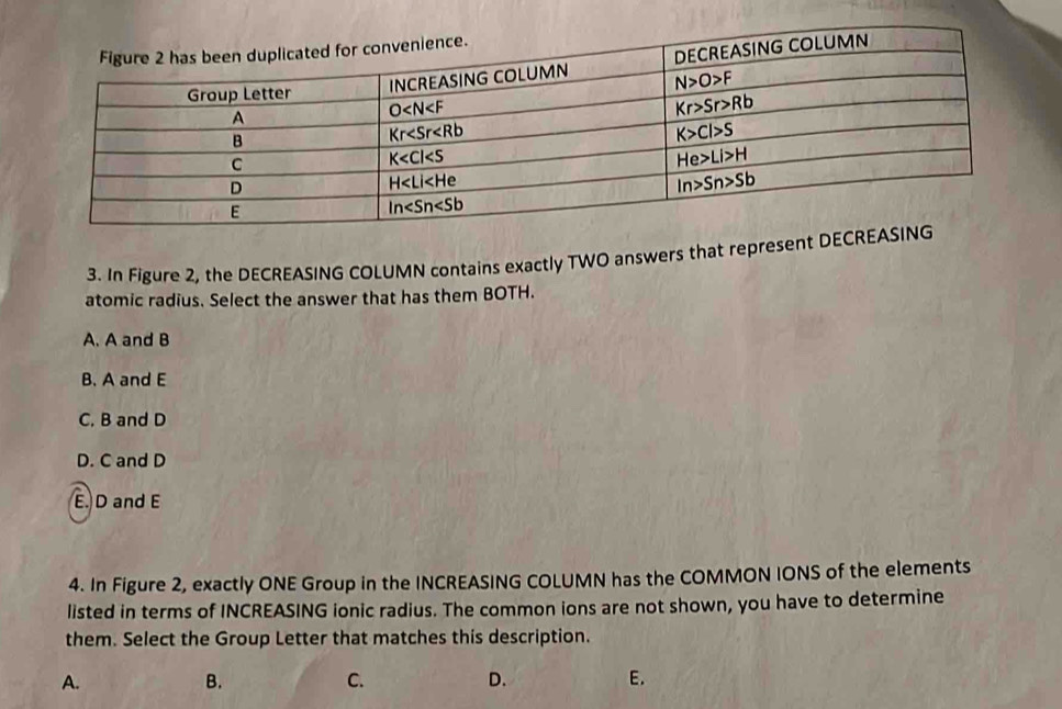 In Figure 2, the DECREASING COLUMN contains exactly TWO answers that represent D
atomic radius. Select the answer that has them BOTH.
A. A and B
B. A and E
C. B and D
D. C and D
E. D and E
4. In Figure 2, exactly ONE Group in the INCREASING COLUMN has the COMMON IONS of the elements
listed in terms of INCREASING ionic radius. The common ions are not shown, you have to determine
them. Select the Group Letter that matches this description.
A.
B.
C.
D.
E.