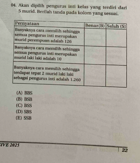 Akan dipilih pengurus inti kelas yang terdiri dari
5 murid. Berilah tanda pada kolom yang sesuai.
(A) BBS
(B) BSB
(C) BSS
(D) SBS
(E) SSB
IVE 2025
22