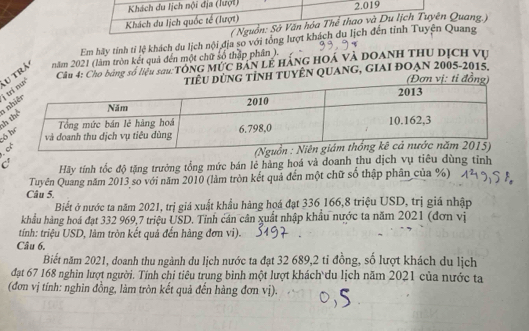 Khách du lịch nội địa (lượi) 
Khách du lịch quốc tế (lượt) 2.019
( Nguồn: Sở Văn hóa Thể thao và Du lịch Tuyên Quang.) 
Em hãy tính tí lệ khách du lịch nội địa so với tổng lượt khách du lịch đến tỉnh Tuyện Quang 
Câu 4: Cho bảng số liệu sau:TÔNG MƯC BẢN LẾ HÀNG HOÁ VÀ DOANH THU DỊCH Vụ 
l trá năm 2021 (làm tròn kết quả đến một chữ số thập phân ). 
Dùng tỉnh tuyÊN QUANG, GIAI ĐOẠN 2005-2015. 
i 
n vị:ỉ đồn 
th 
C Hãy tính tốc độ tặng trưởng tổng mức bán lẻ hàng hoá và doanh thu dịch vụ tiêu dùng tỉnh 
Tuyên Quang năm 2013 so với năm 2010 (làm tròn kết quả đến một chữ số thập phân của %) 
Câu 5. 
Biết ở nước ta năm 2021, trị giá xuất khẩu hàng hoá đạt 336 166, 8 triệu USD, trị giá nhập 
khẩu hàng hoá đạt 332 969, 7 triệu USD. Tỉnh cần cân xuất nhập khẩu nước ta năm 2021 (đơn vị 
tính: triệu USD, làm tròn kết quả đến hàng đơn vi). 
Câu 6. 
Biết năm 2021, doanh thu ngành du lịch nước ta đạt 32 689, 2 tỉ đồng, số lượt khách du lịch 
đạt 67 168 nghìn lượt người. Tính chỉ tiêu trung bình một lượt khách du lịch năm 2021 của nước ta 
(đơn vị tính: nghin đồng, làm tròn kết quả đến hàng đơn vị).