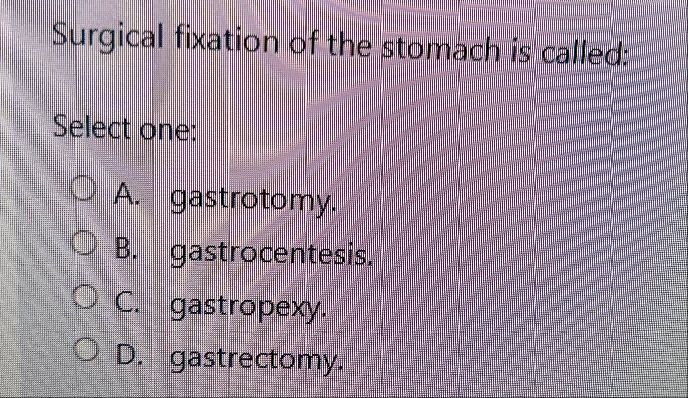 Surgical fixation of the stomach is called:
Select one:
A. gastrotomy.
B. gastrocentesis.
C. gastropexy.
D. gastrectomy.