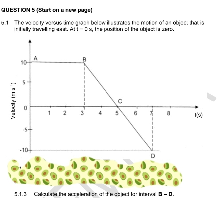 (Start on a new page)
5.1 The velocity versus time graph below illustrates the motion of an object that is
initially travelling east. At t=0s , the position of the object is zero.
5.1.3 Calculate the acceleration of the object for interval B-D.