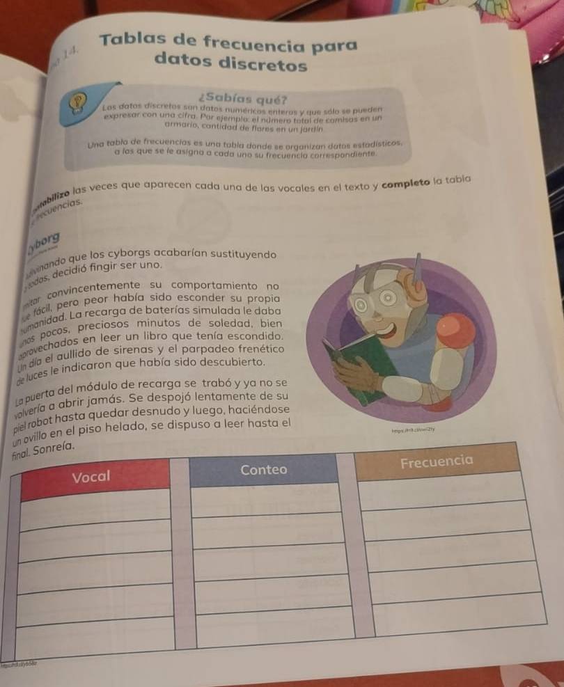 Tablas de frecuencia para 
datos discretos 
¿Sabías qué? 
P Los datos discretos sun datos numéricos enteros y que sólo se pueden 
expresar con una cifra. Por ejempla, el número tatal de camisas en un 
armario, cantidad de flores en un jardín 
Una tabla de frecuencias es una tabia donde se organizan datos estadísticos, 
a los que se le asigna a cada uno su frecuencia correspondiente. 
mbilizo las veces que aparecen cada una de las vocales en el texto y completo la tabia 
ecuencias. 
yborg 
vinando que los cyborgs acabarían sustituyendo 
odos, decidió fingir ser uno. 
atar convincentemente su comportamiento no 
e fácil, pero peor había sido esconder su propia 
omanidad. La recarga de baterías simulada le daba 
hos pocos, preciosos minutos de soledad, bien 
aprovechados en leer un libro que tenía escondido. 
Un día el aullido de sirenas y el parpadeo frenético 
de luces le indicaron que había sido descubierto. 
La puerta del módulo de recarga se trabó y ya no se 
volvería a abrir jamás. Se despojó lentamente de su 
piel robot hasta quedar desnudo y luego, haciéndose 
fun ovillo en el piso helado, se dispuso a leer hasta el