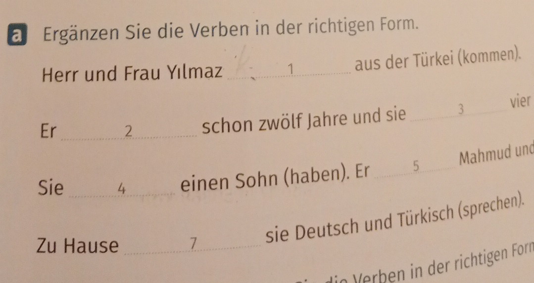 a Ergänzen Sie die Verben in der richtigen Form. 
Herr und Frau Yılmaz_ 
1 
aus der Türkei (kommen). 
Er_ _vier 
2 
schon zwölf Jahre und sie 3
Mahmud und 
Sie _ 4
einen Sohn (haben). Er _ 5
sie Deutsch und Türkisch (sprechen). 
Zu Hause_ 
7