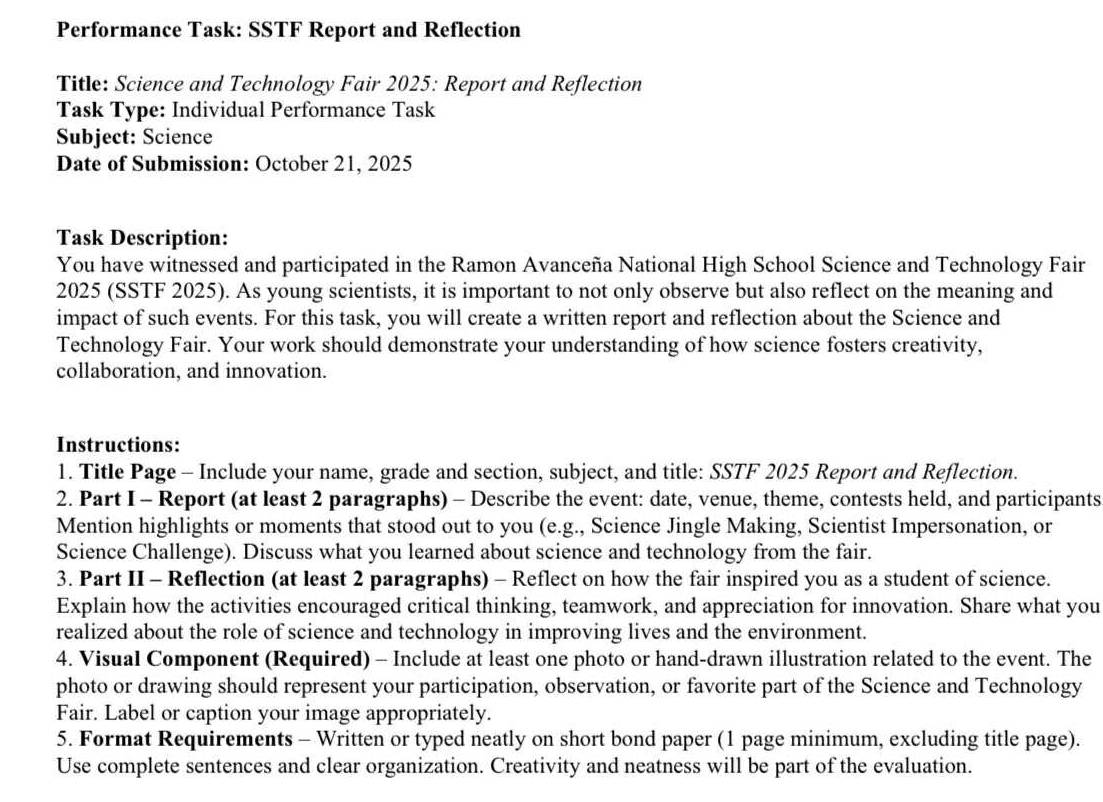 Solved: Performance Task: SSTF Report and Reflection Title: Science and ...