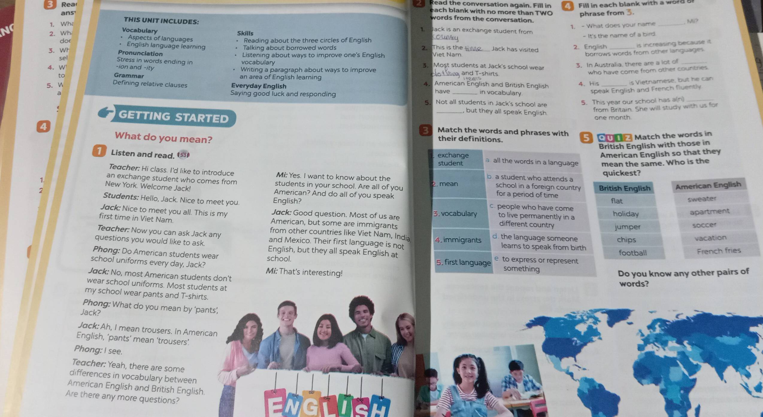 Rea
Read the conversation again. Fill in Fill in each blank with a word a
each blank with no more than TWO
ans phrase from 3.
words from the conversation.
1. Wha
1, - What does your name _M?
THIS UNIT INCLUDES: Jack is an exchange student from
Vocabulary
2. Wh Skills
ountry
- It's the name of a bird.
， Aspects of languages Reading about the three circles of English
do • English language learning
3. Wh • Talking about borrowed words 2. This is the_ Jack has visited 2. English _is increasing because it
_
Pronunciation Listening about ways to improve one's English
Viet Nam
borrows words from other languages.
sel
3. In Australia, there are a lot of
Stress in words ending in vocabulary 3. Moşt students at Jack's school wear
4. W -ion and -ity Writing a paragraph about ways to improve n and T-shirts who have come from other countries.
to Grammar an area of English learning 4. American English and British English 4. His is Vietnamese, but he can
Defining relative clauses
5、 V Everyday English in vocabulary
speak English and French fluently.
a Saying good luck and responding have Not all students in Jack's school are
5
5. This year our school has a(n)_
but they all speak English
from Britain. She will study with us for
one month.
GETTING STARTED Match the words and phrases with
What do you mean?
their definitions.
5 Qu 1Z Match the words in
British English with those in
American English so that they
1 Listen and read. 1530 exchange a. all the words in a language mean the same. Who is the
student
Teacher: Hi class. I'd like to introduce Mi: Yes. I want to know about the quickest?
b a student who attends a
an exchange student who comes from students in your school. Are all of you 2. mean school in a foreign country
7 British English American English
New York. Welcome Jack! American? And do all of you speak
for a period of time
flat sweater
Students: Hello, Jack. Nice to meet you. English? c. people who have come
Jack: Nice to meet you all. This is my Jack: Good question. Most of us are 3. vocabulary to live permanently in a holiday apartment
first time in Viet Nam. American, but some are immigrants
different country soccer
jumper
from other countries like Viet Nam, India
Teacher: Now you can ask Jack any and Mexico. Their first language is not 4. immigrants d. the language someone chips
vacation
questions you would like to ask. English, but they all speak English at
learns to speak from birth football
French fries
Phong: Do American students wear school. 5. first language e to express or represent
school uniforms every day, Jack? Mi: That's interesting!
something
Jack: No, most American students don't
Do you know any other pairs of
wear school uniforms. Most students at
words?
my school wear pants and T-shirts.
Phong: What do you mean by ‘pants’,
Jack?
Jack: Ah, I mean trousers. In American
English, ‘pants’ mean ‘trousers’.
Phong: I see.
Teacher: Yeah, there are some
differences in vocabulary between
American English and British English.
Are there any more questions?
Ewdulish