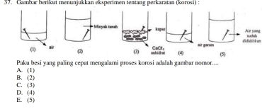 Gambar berikut menunjukkan eksperimen tentang perkaratan (korosi) :
kapusg
dididi-h ut
CaCl_2 
(3) unhidre (4) (5)
Paku besi vang paling cepat mengalami proses korosi adalah gambar nomor.....
A. (1)
B. (2)
C. (3)
D. (4)
E. (5)