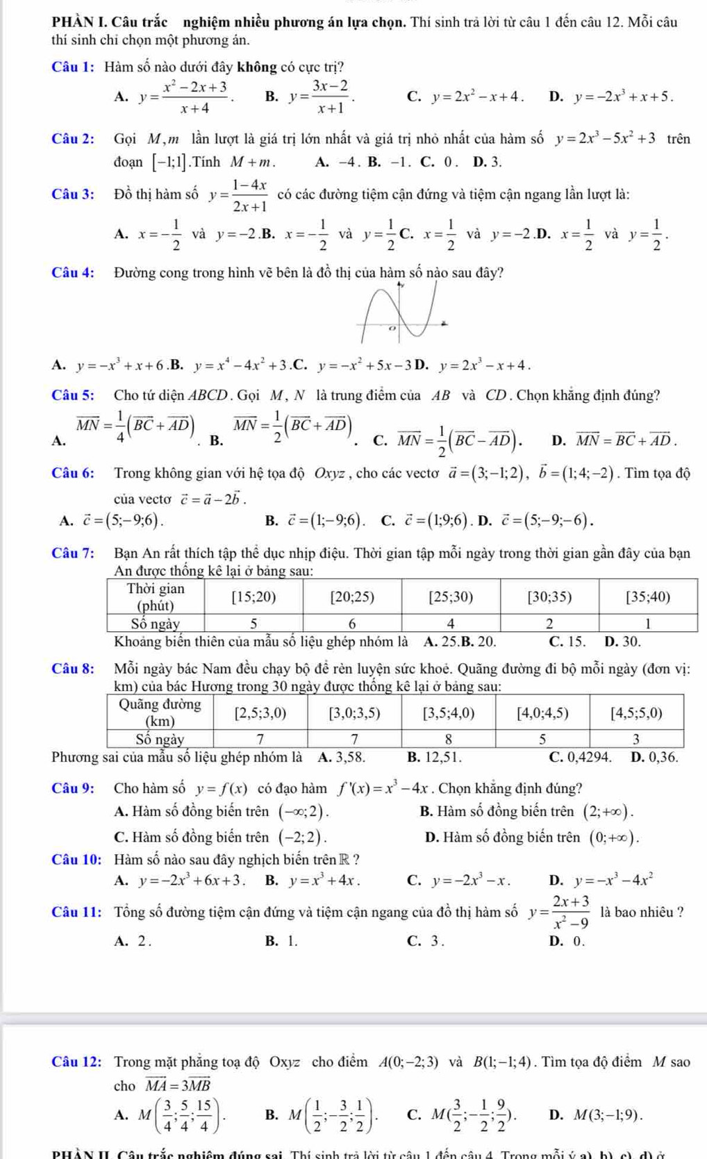 PHÀN I. Câu trắc nghiệm nhiều phương án lựa chọn. Thí sinh trả lời từ câu 1 đến câu 12. Mỗi câu
thí sinh chỉ chọn một phương án.
Câu 1: Hàm số nào dưới đây không có cực trị?
A. y= (x^2-2x+3)/x+4 . B. y= (3x-2)/x+1 . C. y=2x^2-x+4. D. y=-2x^3+x+5.
Câu 2: Gọi M,m lần lượt là giá trị lớn nhất và giá trị nhỏ nhất của hàm số y=2x^3-5x^2+3 trên
đoạn [-1;1].Tính M+m. A. -4 . B. -1. C. 0 . D. 3.
Câu 3: Đồ thị hàm số y= (1-4x)/2x+1  có các đường tiệm cận đứng và tiệm cận ngang lần lượt là:
A. x=- 1/2  và y=-2 .B. x=- 1/2  và y= 1/2  o x= 1/2  và y=-2 .D. x= 1/2  và y= 1/2 .
Câu 4: Đường cong trong hình vẽ bên là đồ thị của hàm số nào sau đây?
A. y=-x^3+x+6 .B. y=x^4-4x^2+3.C.y=-x^2+5x-3D.y=2x^3-x+4.
Câu 5: Cho tứ diện ABCD . Gọi M , N là trung điểm của AB và CD . Chọn khẳng định đúng?
A. overline MN= 1/4 (overline BC+overline AD). B. overline MN= 1/2 (overline BC+overline AD). C. overline MN= 1/2 (overline BC-overline AD). D. overline MN=overline BC+overline AD.
Câu 6: Trong không gian với hệ tọa độ Oxyz , cho các vectơ vector a=(3;-1;2),vector b=(1;4;-2). Tìm tọa độ
của vectơ vector c=vector a-2vector b.
A. vector c=(5;-9;6). B. vector c=(1;-9;6) C. vector c=(1;9;6). D. vector c=(5;-9;-6).
Câu 7: Bạn An rất thích tập thể dục nhịp điệu. Thời gian tập mỗi ngày trong thời gian gần đây của bạn
Khoảng biến thiên của mẫu số liệu ghép nhóm là A. 25.B. 20. C. 15. D. 30.
Câu 8: Mỗi ngày bác Nam đều chạy bộ đề rèn luyện sức khoẻ. Quãng đường đi bộ mỗi ngày (đơn vị:
Phương sai của mẫu số liệu ghép nhóm là A. 3,58. B. 12,51. C. 0,4294. D. 0,36.
Câu 9: Cho hàm số y=f(x) có đạo hàm f'(x)=x^3-4x. Chọn khẳng định đúng?
A. Hàm số đồng biến trên (-∈fty ;2). B. Hàm số đồng biến trên (2;+∈fty ).
C. Hàm số đồng biến trên (-2;2). D. Hàm số đồng biến trên (0;+∈fty ).
Câu 10: Hàm số nào sau đây nghịch biến trên R ?
A. y=-2x^3+6x+3 B. y=x^3+4x. C. y=-2x^3-x. D. y=-x^3-4x^2
Câu 11: Tổng số đường tiệm cận đứng và tiệm cận ngang của đồ thị hàm số y= (2x+3)/x^2-9  là bao nhiêu ?
A. 2 . B. 1. C. 3 . D. 0 .
Câu 12: Trong mặt phẳng toạ độ Oxyz cho điểm A(0;-2;3) và B(1;-1;4). Tìm tọa độ điểm M sao
cho vector MA=3vector MB
A. M( 3/4 ; 5/4 ; 15/4 ). B. M( 1/2 ;- 3/2 ; 1/2 ). C. M( 3/2 ;- 1/2 ; 9/2 ). D. M(3;-1;9).
NHà N H Cầu trắc nghiệm đúng rai Thí sinh trẻ lời từ câu 1 đến câu 4. Trong