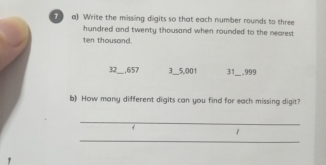 Write the missing digits so that each number rounds to three 
hundred and twenty thousand when rounded to the nearest 
ten thousand.
32_  ,657 3 _ 5,001 31_  ,999
b) How many different digits can you find for each missing digit? 
_ 
1 
_