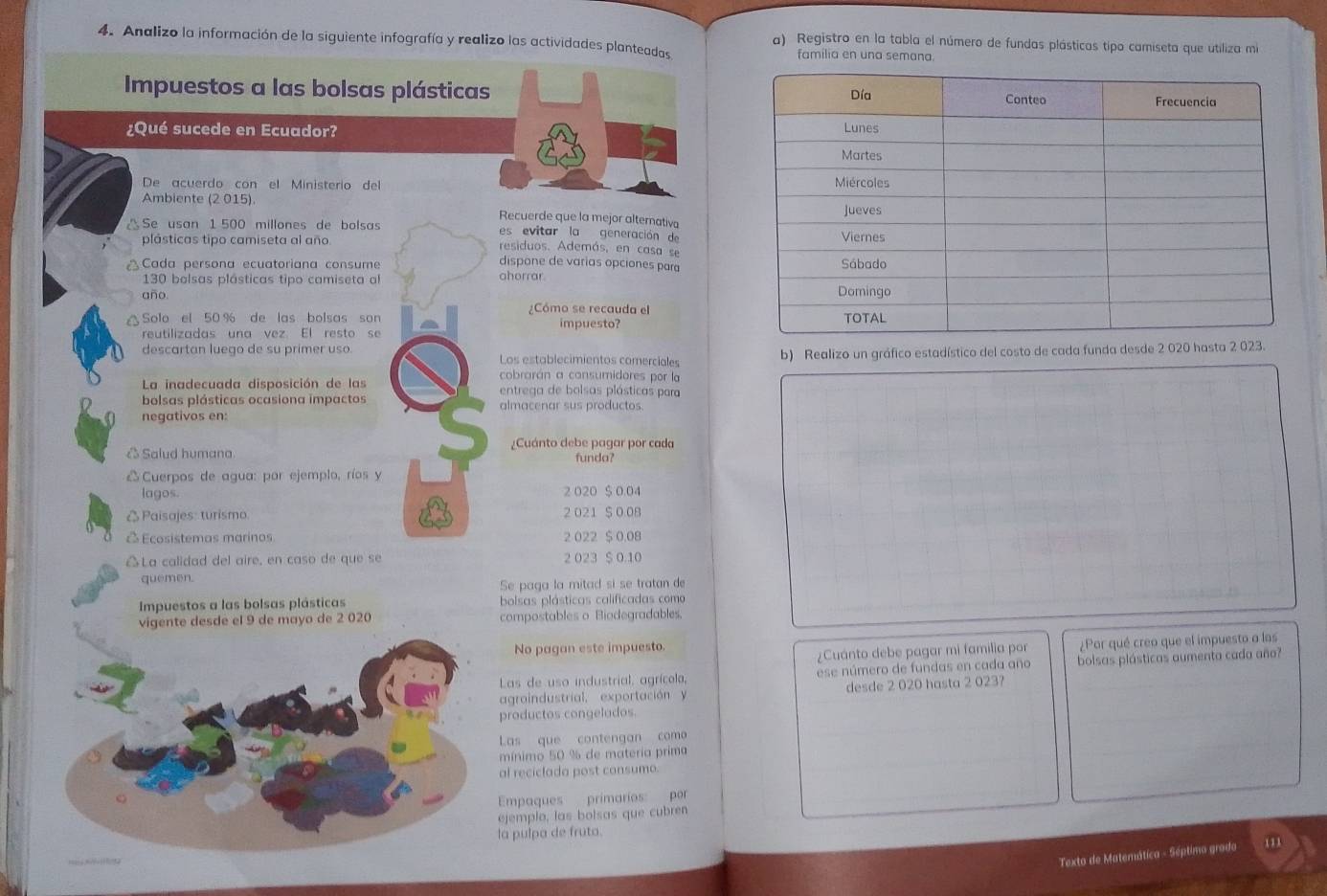 Analizo la información de la siguiente infografía y realizo las actividades planteadas familia en una semana.
a) Registro en la tabla el número de fundas plásticas tipo camiseta que utiliza mi
Impuestos a las bolsas plásticas 
¿Qué sucede en Ecuador? 
De acuerdo con el Ministerio del
Ambiente (2 015).
Recuerde que la mejor altemativa
△ Se usan 1 500 millones de bolsas es evitar la generación de
plásticas tipo camiseta al año. residuos. Además, en casa se
Cada persona ecuatoriana consume 
dispone de varias opciones para
130 balsas plásticas tipo camiseta al ahorrar.
año.
¿Cómo se recauda el
Solo el 50 % de las bolsas son impuesto? 
reutilizadas una vez. El resto se
descartan luego de su primer uso. Los establecimientos comerciales b) Realizo un gráfico estadístico del costo de cada funda desde 2 020 hasta 2 023.
cobrarán a consumidores por la
La inadecuada disposición de las  entrega de bolsas plásticas para
bolsas plásticas ocasiona impactos almacenar sus productos.
negativos en:
¿Cuánto debe pagar por cada
Salud humana. funda?
Cuerpos de agua: por ejemplo, ríos y
lagos. 2 020 $ 0.04
Paisajes: turismo 2 021 $ 0 08
△ Ecosistemas marinos 2 022 $ 0,08
La calidad del aire, en caso de que se 2 023 $ 0.10
quemen
Se paga la mitad si se tratan de
Impuestos a las bolsas plásticas bolsas plásticas calificadas como
vigente desde el 9 de mayo de 2 020 compostables o Biodegradables.
No pagan este impuesto.
¿Cuánto debe pagar mi familia por ¿Por qué creo que el impuesto a los
Las de uso industrial, agrícola, ese número de fundas en cada año bolsas plásticas aumenta cada año?
agroindustrial, exportación y desde 2 020 hasta 2 023?
productos congelados.
Las que contengan como
mínimo 50 % de materia prima
al reciclada post consumo.
Empaques primaríos: por
ejemplo, las bolsas que cubren
a pulpa de fruta.
Texto de Matemática - Séptimo grado 1