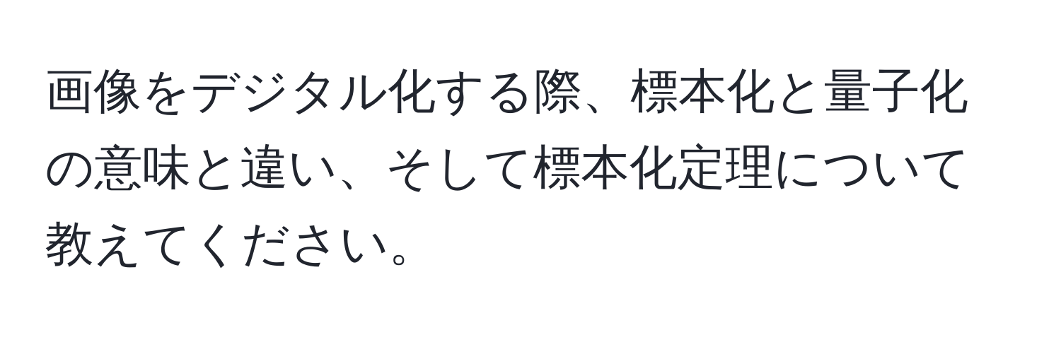 画像をデジタル化する際、標本化と量子化の意味と違い、そして標本化定理について教えてください。