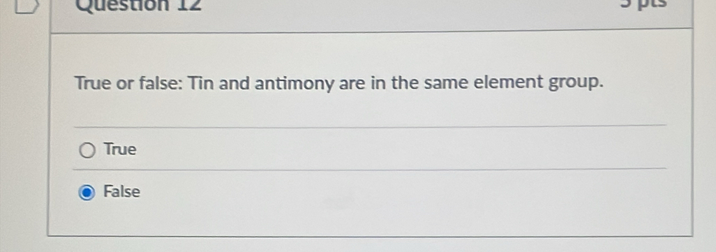 True or false: Tin and antimony are in the same element group.
True
False