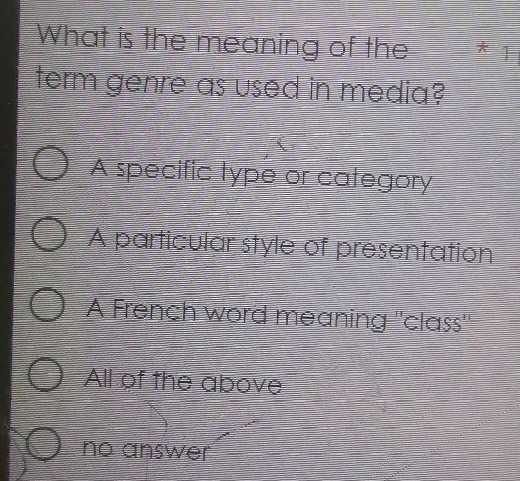 What is the meaning of the
* ]
term genre as used in media?
A specific type or category
A particular style of presentation
A French word meaning ''class''
All of the above
no answer