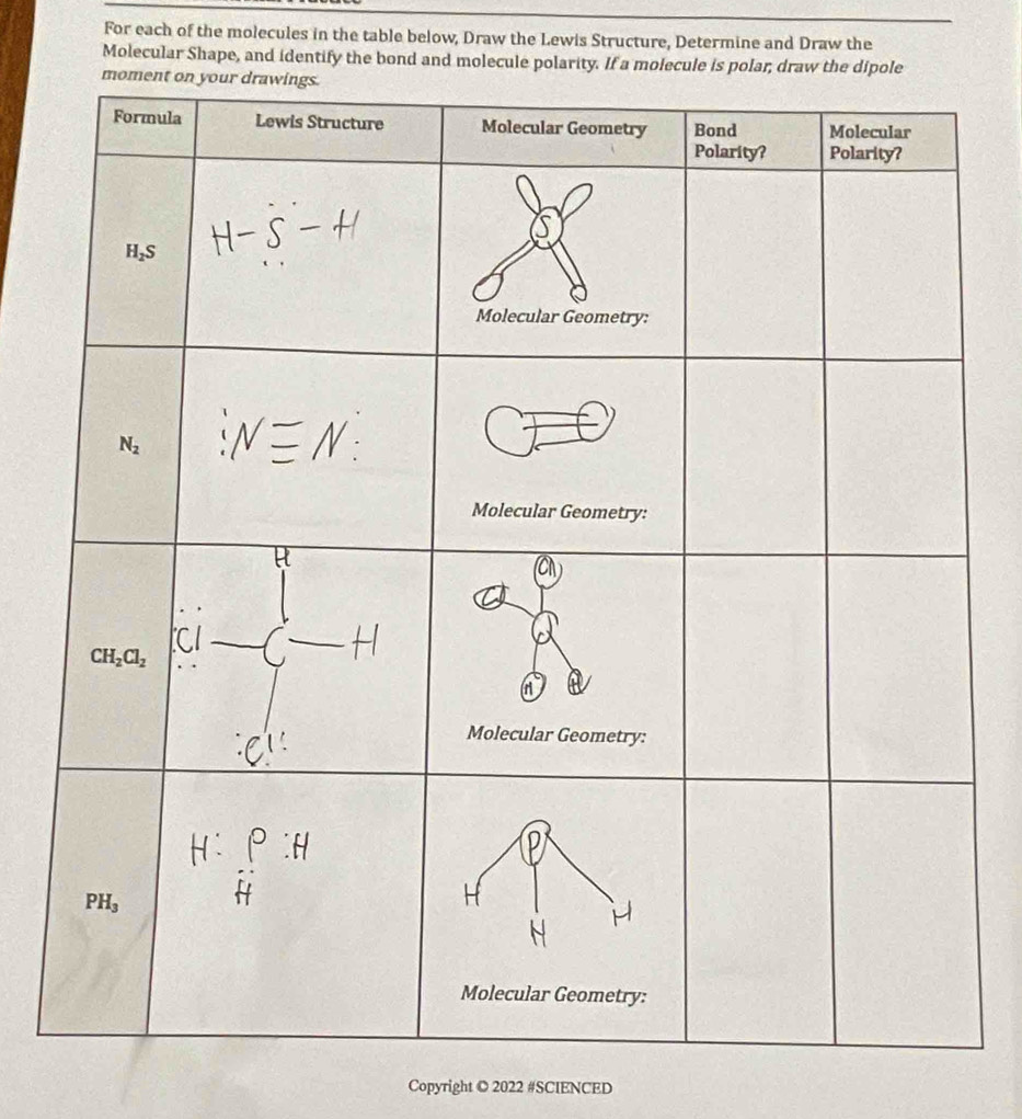 For each of the molecules in the table below, Draw the Lewis Structure, Determine and Draw the
Molecular Shape, and identify the bond and molecule polarity. If a molecule is polar, draw the dipo
Copyright © 2022 #SCIENCED