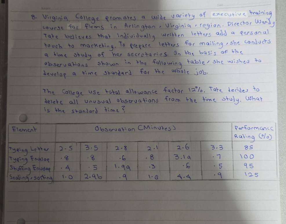 Vinginig College promores a wide variery of executive training 
course for firms in Arlington, Vinginia, region. Dicector Wendy 
Take believes that individually written letters add a persanal 
touch to marketing. To prepare letters for mailing, she conducrs 
a time study of her secretaries. On the basis of the 
observations shown in the following table' she wishes to 
develop a time srandard for the whole job. 
The College use total allowance factor 1201. Tate decides to 
delete all unusual observations from the time stuly. What 
is the standard time?