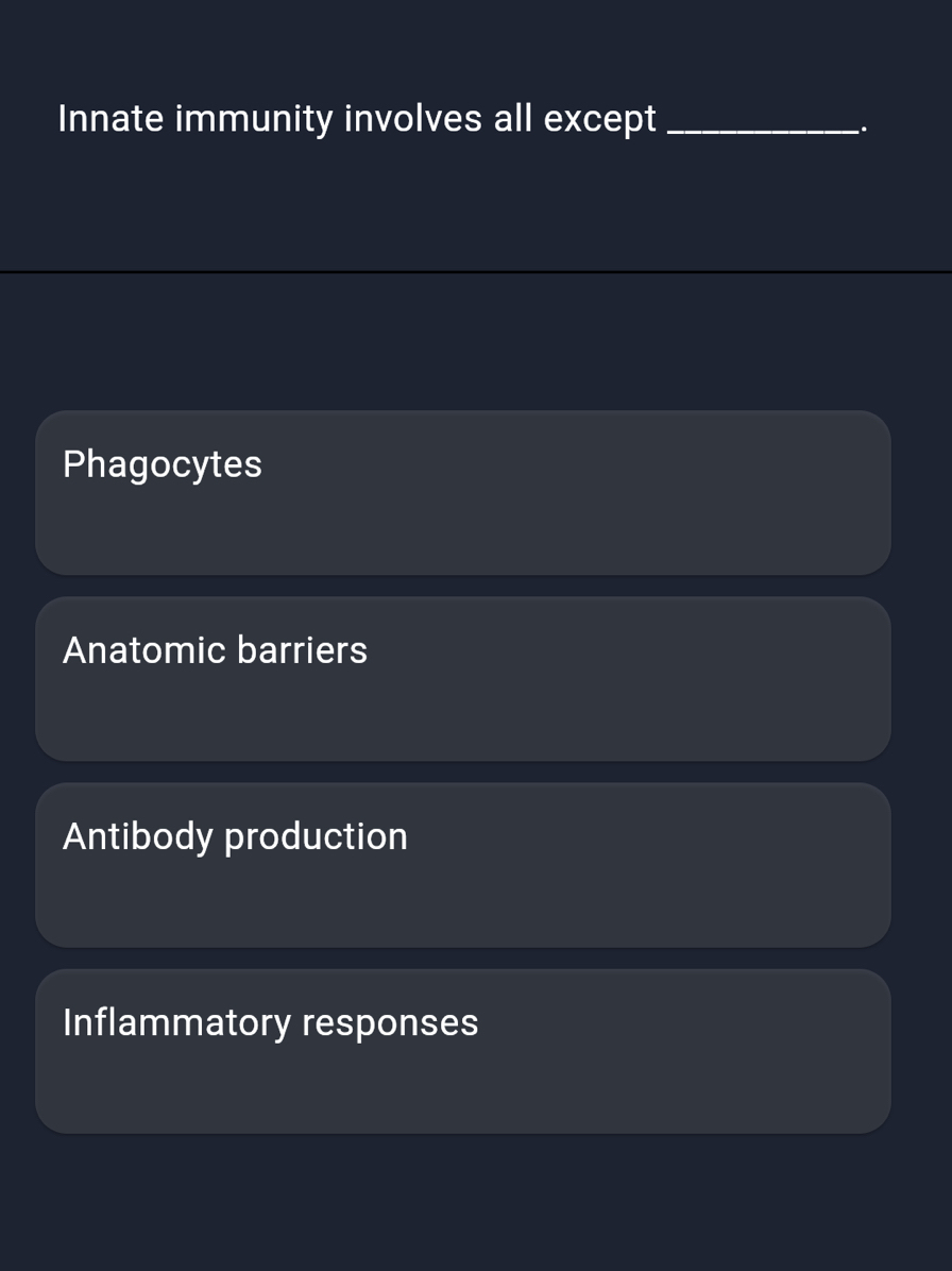 Innate immunity involves all except_
_.
Phagocytes
Anatomic barriers
Antibody production
Inflammatory responses