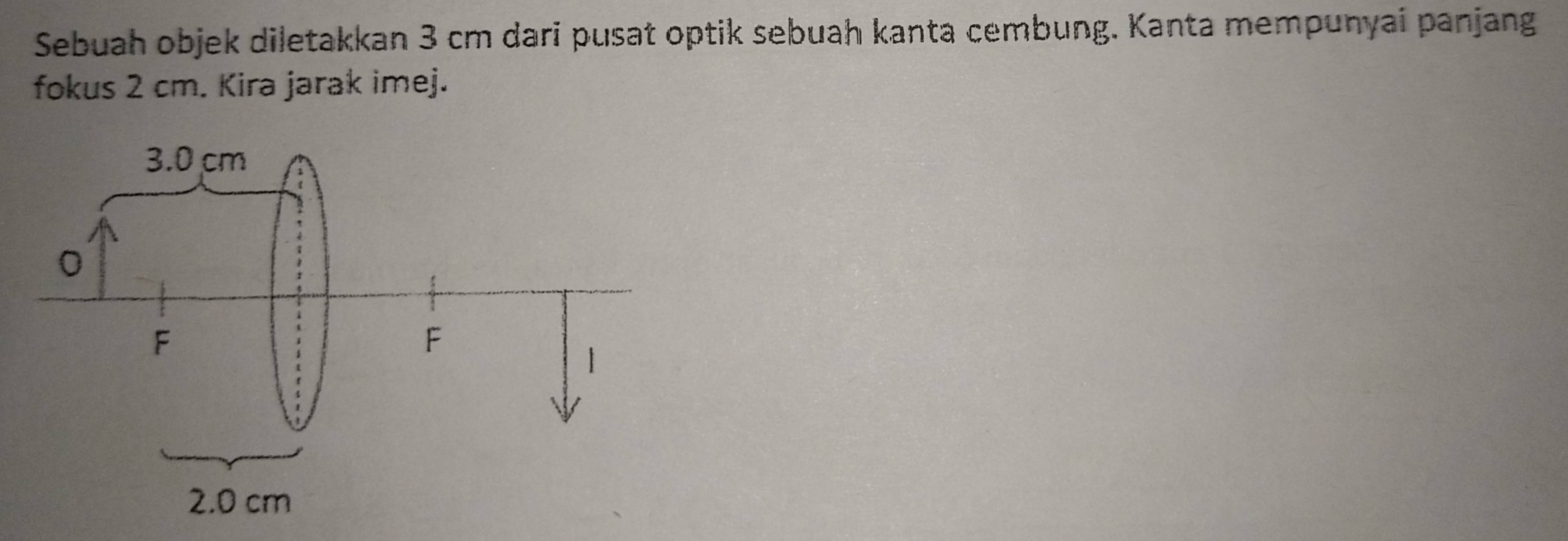 Sebuah objek diletakkan 3 cm dari pusat optik sebuah kanta cembung. Kanta mempunyai panjang
fokus 2 cm. Kira jarak imej.
3.0 cm
0
F
F
1
2.0 cm