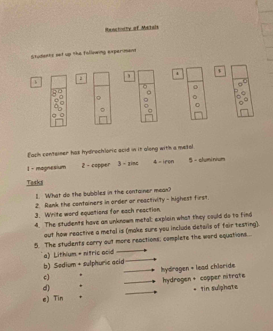 Reactivity of Metals 
Students set up the following experiment 
a 
2 
3 
、 
Each container has hydrochloric acid in it along with a metal. 
1 - magnesium 2 - copper 3 - zinc 4 - iron 5 - aluminium 
Tasks 
1. What do the bubbles in the container mean? 
2. Rank the containers in order or reactivity - highest first. 
3. Write word equations for each reaction. 
4. The students have an unknown metal; explain what they could do to find 
out how reactive a metal is (make sure you include details of fair testing). 
5. The students carry out more reactions; complete the word equations... 
a) Lithium + nitric acid 
b) Sodium + sulphuric acid 
c) + hydrogen + lead chloride 
d) 4 hydrogen + copper nitrate 
e) Tin * tin sulphate