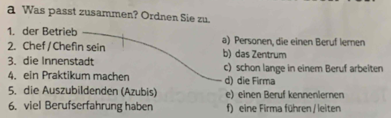 a Was passt zusammen? Ordnen Sie zu.
1. der Betrieb
a) Personen, die einen Beruf lernen
2. Chef / Chefin sein b) das Zentrum
3. die Innenstadt
c) schon lange in einem Beruf arbeiten
4. ein Praktikum machen d) die Firma
5. die Auszubildenden (Azubis) e) einen Beruf kennenlernen
6. viel Berufserfahrung haben f) eine Firma führen/ leiten