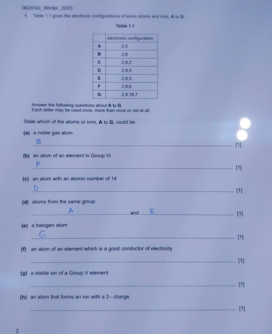 0620/42_Winter_2023 
1 Table 1.1 gives the electronic configurations of some atoms and ions, A to G. 
Table 1.1 
Answer the following questions about A to G. 
Each letter may be used once, more than once or not at all. 
State which of the atoms or ions, A to G, could be: 
(a) a noble gas atom 
8 
_[1] 
(b) an atom of an element in Group VI 
_[1] 
(c) an atom with an atomic number of 14
_[1] 
(d) atoms from the same group 
_and_ [1] 
(e) a halogen atom 
_[1] 
(f) an atom of an element which is a good conductor of electricity 
_[1] 
(g) a stable ion of a Group V element 
_[1] 
(h) an atom that forms an ion with a 2 - charge. 
_[1] 
2