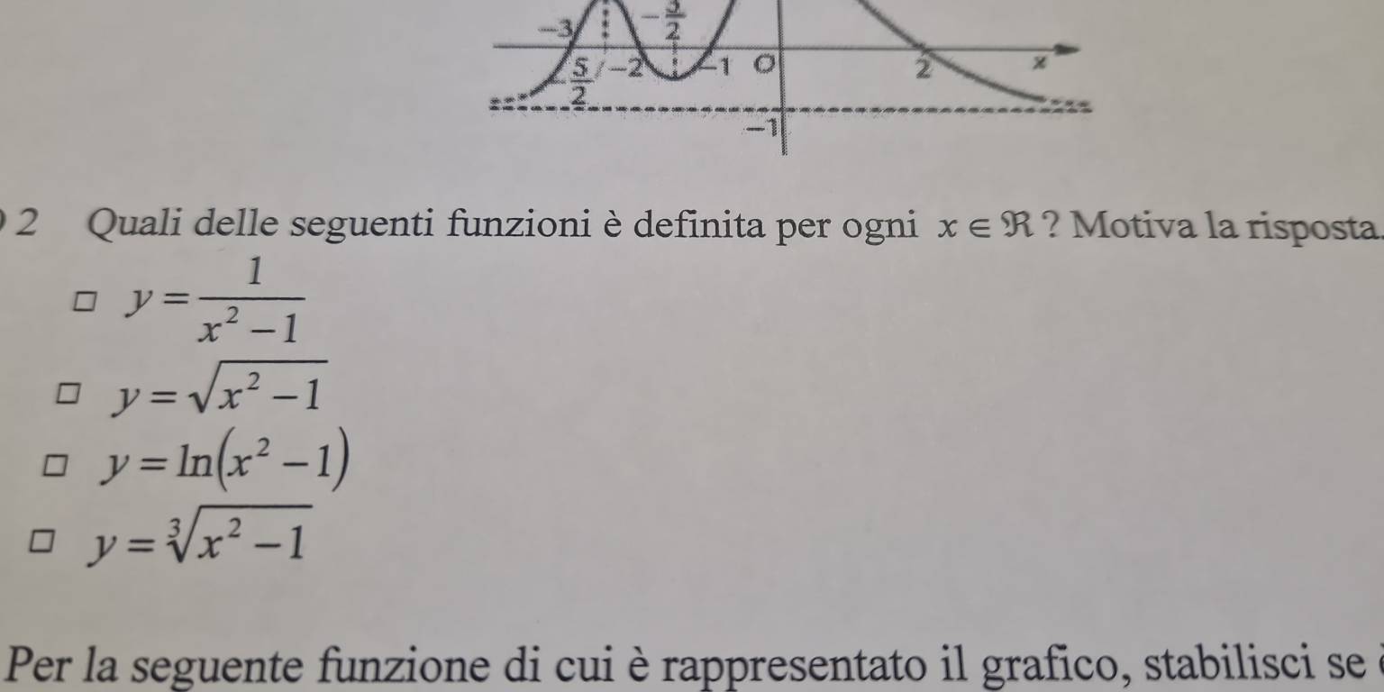 - 3/2 
2 Quali delle seguenti funzioni è definita per ogni x∈ R ? Motiva la risposta
y= 1/x^2-1 
y=sqrt(x^2-1)
y=ln (x^2-1)
y=sqrt[3](x^2-1)
Per la seguente funzione di cui è rappresentato il grafico, stabilisci se