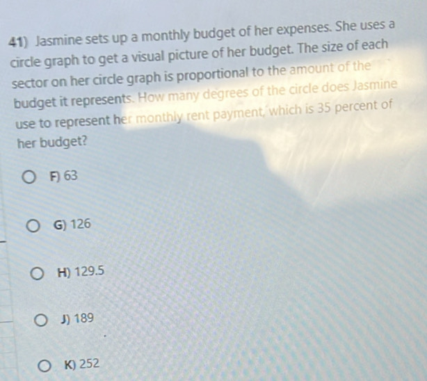 Jasmine sets up a monthly budget of her expenses. She uses a
circle graph to get a visual picture of her budget. The size of each
sector on her circle graph is proportional to the amount of the
budget it represents. How many degrees of the circle does Jasmine
use to represent her monthly rent payment, which is 35 percent of
her budget?
F) 63
G) 126
H) 129.5
J) 189
K) 252